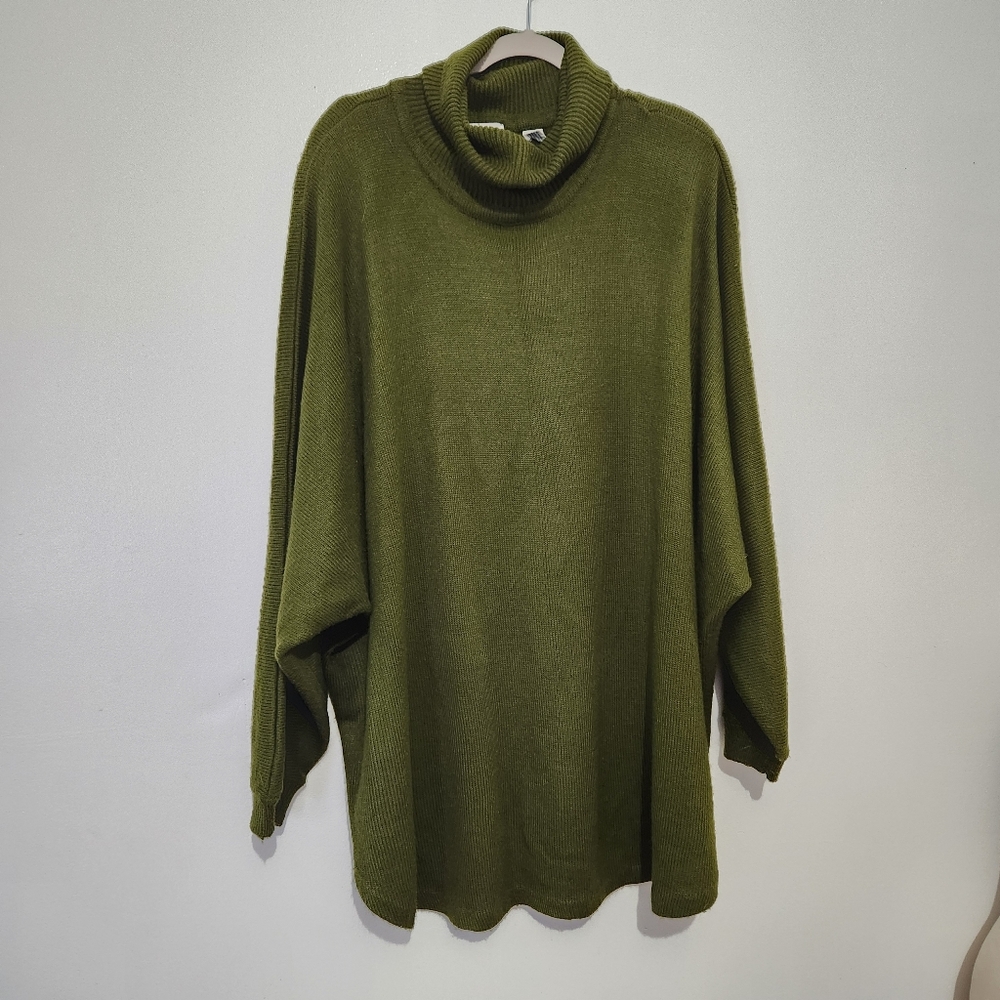 Vtg Linda Karan LK Sport L Cowl Neck Tunic Sweater Shoulder Pads Olive Lime 90s